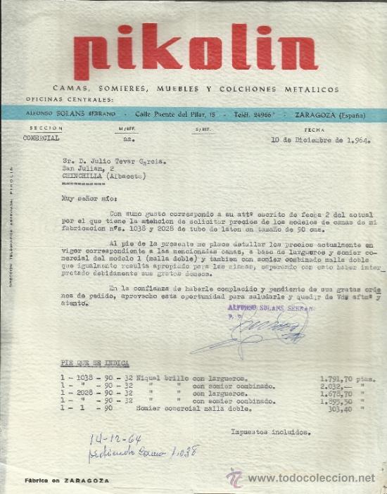 Commercial Letters: CARTA COMERCIAL DE PIKOL&Iacute;N. ALFONSO SOLANS SERRANO. ZARAGOZA. 1964