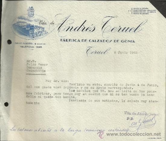 Gesch&auml;ftsbriefe: CARTA COMERCIAL DE VIUDA DE ANDR&Eacute;S TERUEL. F&Aacute;BRICA DE CALZADOS DE GOMA. TERUEL. 1965