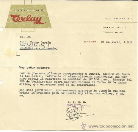 Gesch&auml;ftsbriefe: CARTA COMERCIAL DE TEXLAY. G&Eacute;NEROS DE PUNTO. TEXTIL LAYETANIA, S.L. MATAR&Oacute;. BARCELONA. 1965