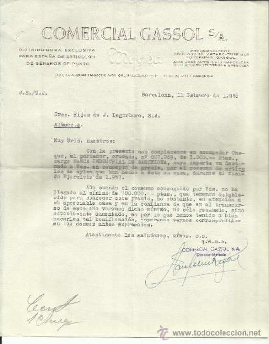 Gesch&auml;ftsbriefe: CARTA COMERCIAL DE COMERCIAL GASSOL S.A. DISTRIBUIDORA DE G&Eacute;NEROS DE PUNTO. BARCELONA. 1958