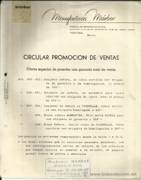 Gesch&auml;ftsbriefe: CIRCULAR DE MANUFACTURAS M&Aacute;NBAR. F&Aacute;BRICA DE G&Eacute;NEROS DE PUNTO. TOROTOSA. BARCELONA.