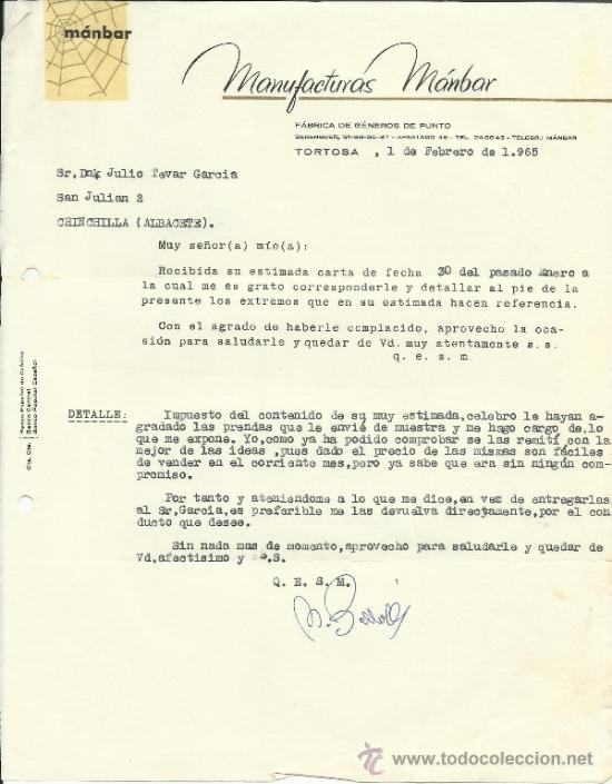 Gesch&auml;ftsbriefe: CARTA COMERCIAL DE MANUFACTURAS M&Aacute;NBAR. F&Aacute;BRICA DE G&Eacute;NEROS DE PUNTO. TOROTOSA. BARCELONA.  1965