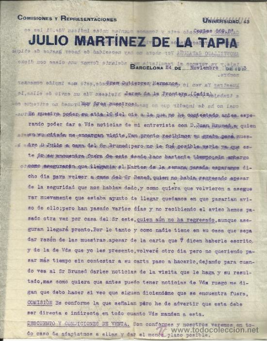 Gesch&auml;ftsbriefe: CARTA COMERCIAL DE JULIO MART&Iacute;NEZ DE LA TAPIA. COMISIONES Y REPRESENTACIONES. BARCELONA. 1913