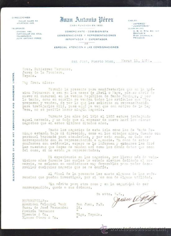 Lettres commerciales: CARTA COMERCIAL DE JUAN ANTONIO PEREZ. COMERCIANTE. SAN JUAN, PUERTO RICO. 1926