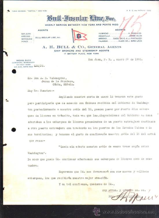 Commercial Letters: CARTA COMERCIAL DE BULL - INSULAR LINE, INC. SAN JUAN, PUERTO RICO. 1920