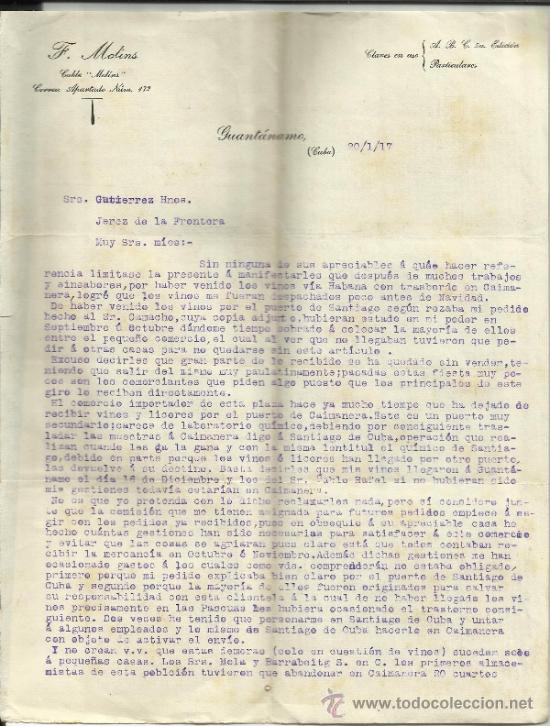 Gesch&auml;ftsbriefe: CARTA COMERCIAL DE F. MOLINS. GUANT&Aacute;NAMO. CUBA. 1917 (2 HOJAS).