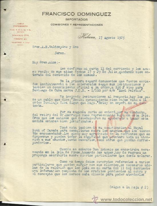Gesch&auml;ftsbriefe: CARTA COMERCIAL DE FRANCISCO DOM&Iacute;NGUEZ. IMPORTADOR. HABANA. CUBA. 1925 (2 HOJAS)
