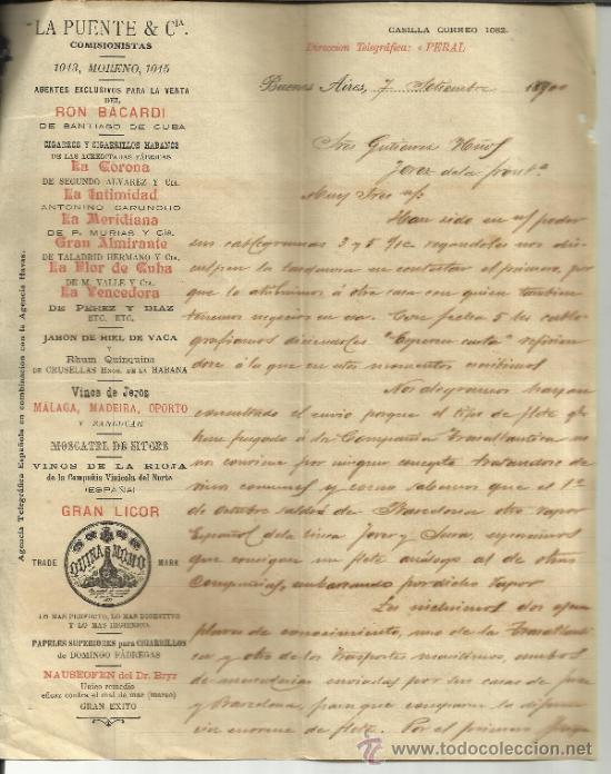Gesch&auml;ftsbriefe: CARTA COMERCIAL DE LA PUENTE & C&ordf;. RON BACARDI. LA CORONA. BUENOS AIRES. ARGENTINA. 1900.(2 HOJAS)