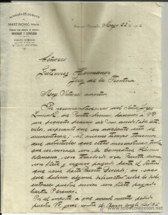 Gesch&auml;ftsbriefe: CARTA COMERCIAL DE MARTINOVICH HNOS. ALMAC&Eacute;N 25 DE MAYO. PUERTO DESEADO.ARGENTINA. 1912. (2 HOJAS)