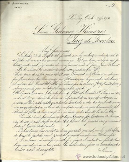 Gesch&auml;ftsbriefe: CARTA COMERCIAL DE D. ALEXANDER. LA PAZ. BOLIVIA. 1894 (2 HOJAS)