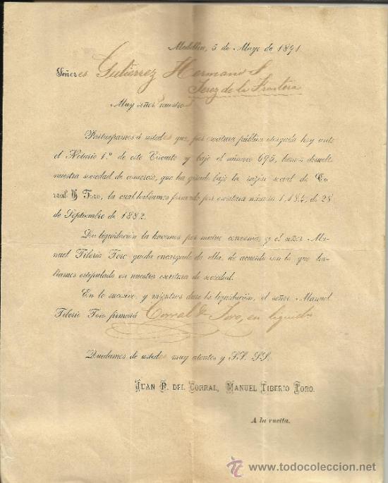Gesch&auml;ftsbriefe: CARTA CIRCULAR DE CORRAL Y TORO. MEDELL&Iacute;N. COLOMBIA. 1891 (2 HOJAS)