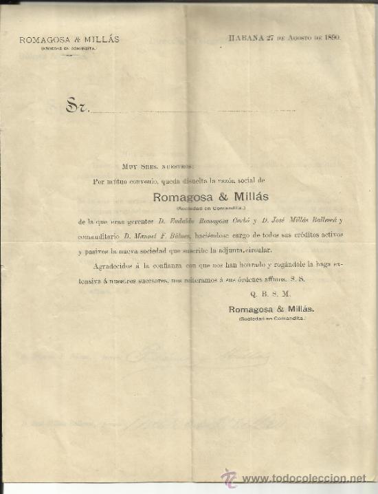 Gesch&auml;ftsbriefe: CARTA CIRCULAR DE ROMAGOSA & MILL&Aacute;S. HABANA. CUBA. 1890 (2 HOJAS)
