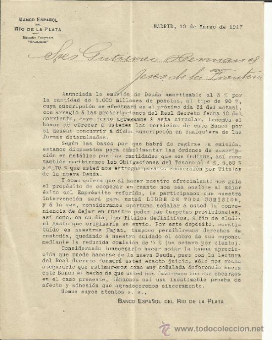 Gesch&auml;ftsbriefe: CARTA CIRCULAR DEL BANCO ESPA&Ntilde;OL DEL RIO DE LA PLATA.  CON R.D. DE MINISTERIO. MADRID. 1917.