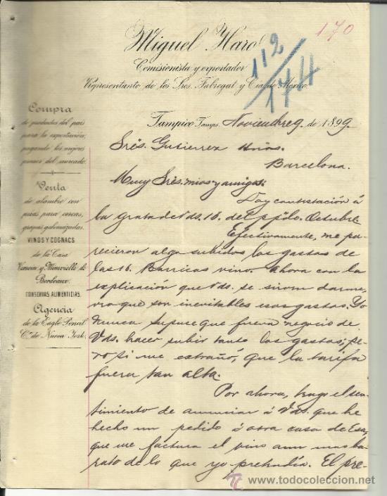 Gesch&auml;ftsbriefe: CARTA COMERCIAL DE MIGUEL HARO. REPR. FABREGAT Y C&ordf;.  TAMPICO. M&Eacute;XICO. 1899 ( 2 HOJAS)