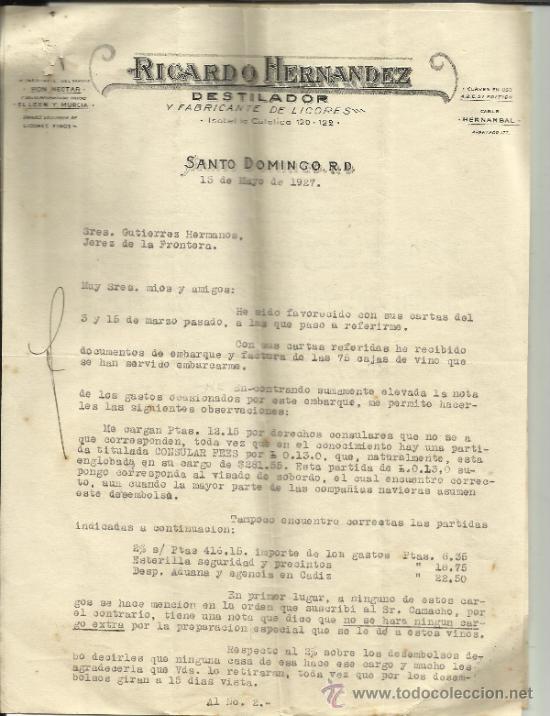 Gesch&auml;ftsbriefe: CARTA COMERCIAL DE RICARDO HERN&Aacute;NDEZ. SANTO DOMINGO. REP&Uacute;BLICA DOMINICANA. 1927 ( 2 HOJAS)