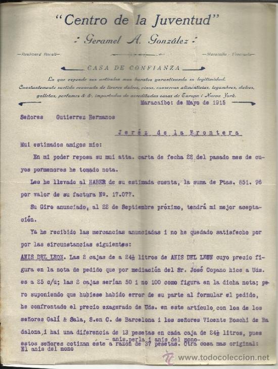 Gesch&auml;ftsbriefe: CARTA COMERCIAL DE GERAMEL A. GONZ&Aacute;LEZ. MARACAIBO. VENEZUELA.  1915. ( 2 HOJAS)