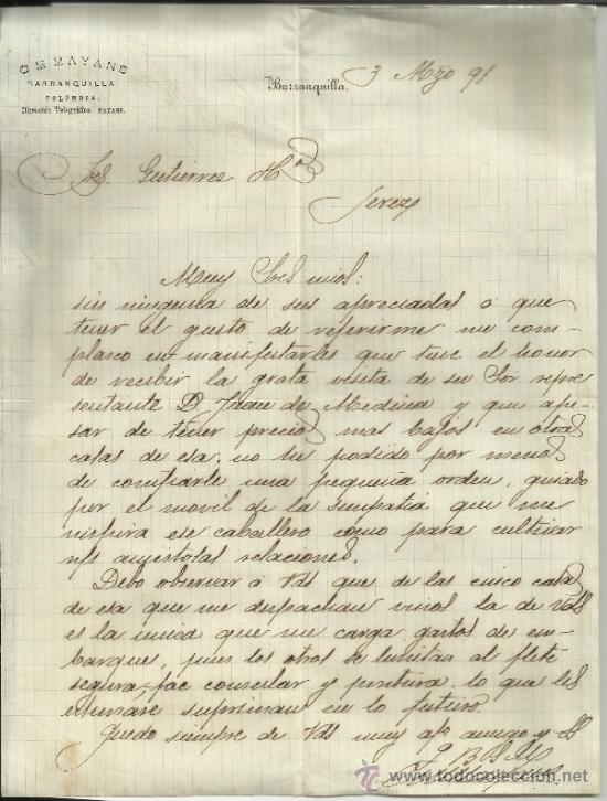 Gesch&auml;ftsbriefe: CARTA COMERCIAL DE CM MAYANS. BARRANQUILLA. COLOMBIA. 1891