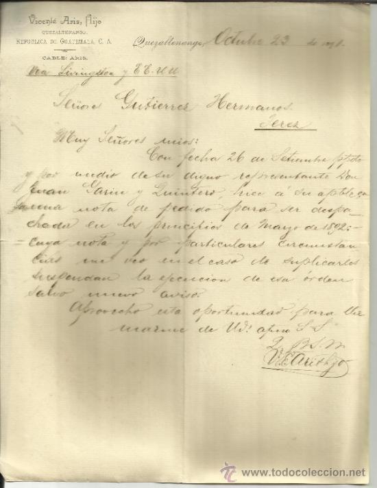 Gesch&auml;ftsbriefe: CARTA COMERCIAL DE VICENTE ARIS, HIJO. QUEZALTEMANGO. GUATEMALA.  1891