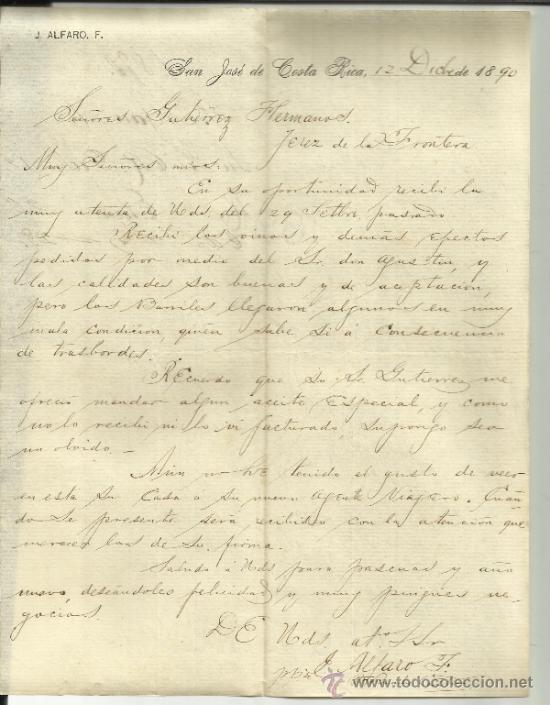 Gesch&auml;ftsbriefe: CARTA COMERCIAL DE J. ALFARO. SAN JOS&Eacute;. COSTA RICA. 1890