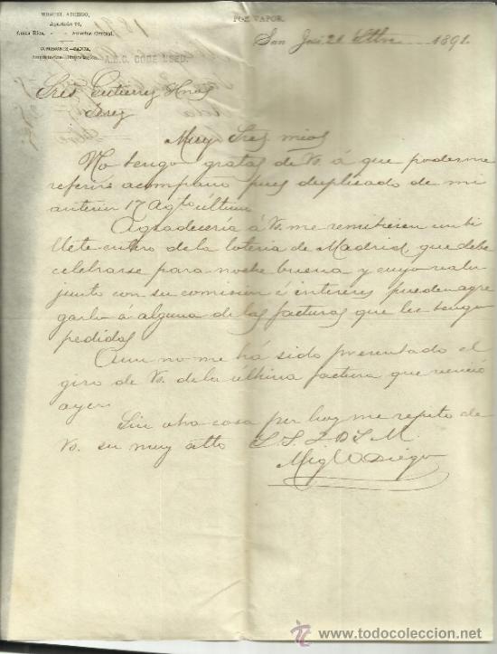 Gesch&auml;ftsbriefe: CARTA COMERCIAL DE MIGUEL ADIEGO. SAN JOS&Eacute;. COSTA RICA. 1891