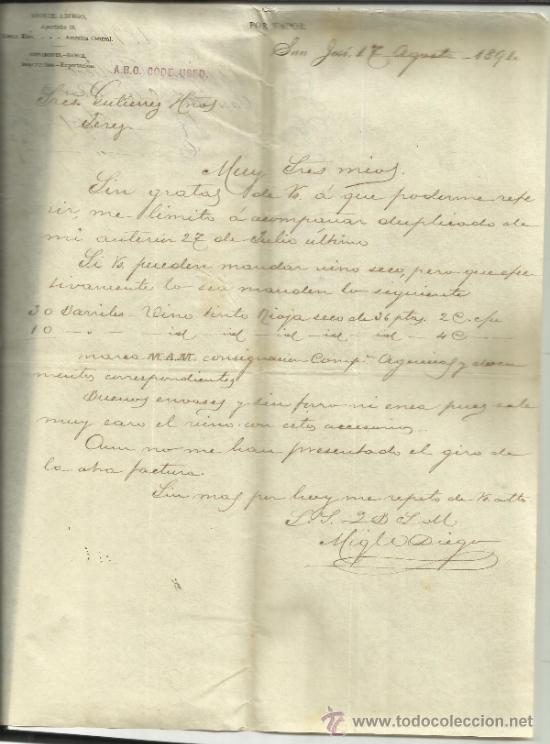 Gesch&auml;ftsbriefe: CARTA COMERCIAL DE MIGUEL ADIEGO. SAN JOS&Eacute;. COSTA RICA. 1891