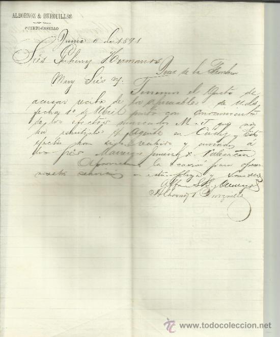 Gesch&auml;ftsbriefe: CARTA COMERCIAL DE ALBORNOZ & BURGUILLOS. PUERTO-CABELLO. VENEZUELA. 1891