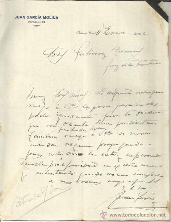 Gesch&auml;ftsbriefe: CARTA COMERCIAL DE JUAN GARC&Iacute;A MOLINA. COMISIONES. BEDMAR. JA&Eacute;N. 1932