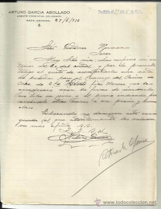 Gesch&auml;ftsbriefe: CARTA COMERCIAL DE ARTURO GARC&Iacute;A ABOLLADO. AGENTE COMERCIAL. BAZA. GRANADA. 1932