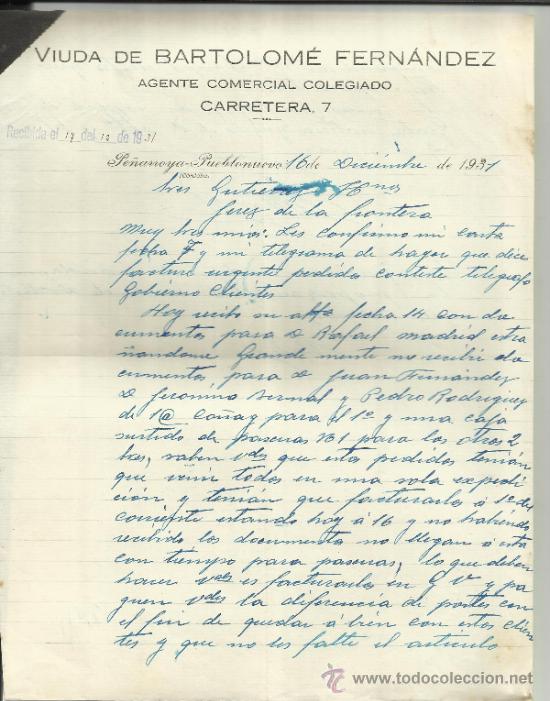 Gesch&auml;ftsbriefe: CARTA COMERCIAL DE VIUDA DE BARTOLOM&Eacute; FERN&Aacute;NDEZ. AGENTE COMERCIAL.PE&Ntilde;ARROYA-PUEBLONUEVO.C&Oacute;RDOBA.1931