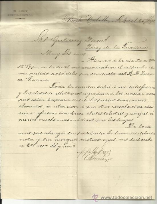 Gesch&auml;ftsbriefe: CARTA COMERCIAL DE M. FREY. PUERTO CABELLO. VENEZUELA. 1891