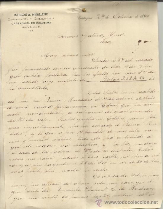 Gesch&auml;ftsbriefe: CARTA COMERCIAL DE CARLOS A. MERLANO. COMERCIANTE Y COMISIONISTA. CARTAGENA. COLOMBIA.1890( 2 HOJAS)