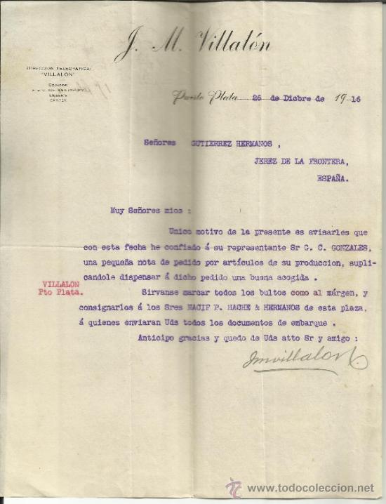 Gesch&auml;ftsbriefe: CARTA COMERCIAL DE J.M. VILLAL&Oacute;N. PUERTO PLATA. REP&Uacute;BLICA DOMINICANA. 1916