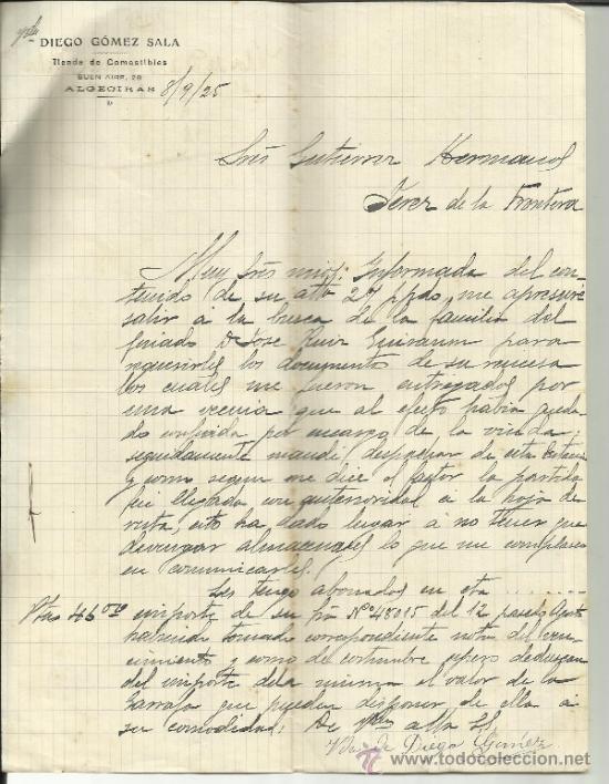 Gesch&auml;ftsbriefe: CARTA COMERCIAL DE DIEGO G&Oacute;MEZ SALA. COMESTIBLES. ALGECIRAS. C&Aacute;DIZ. 1925