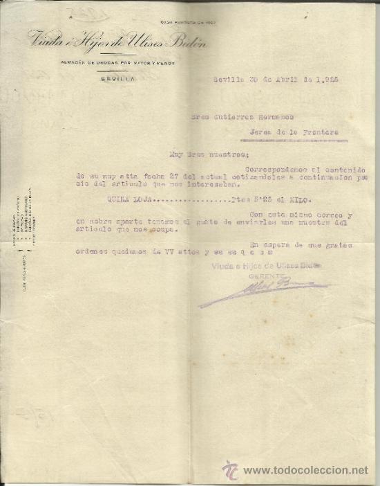 Lettere commerciali: CARTA COMERCIAL DE VIUDA E HIJOS DE ULISES BID&Oacute;N. ALMAC&Eacute;N DE DROGAS. SEVILLA. 1925