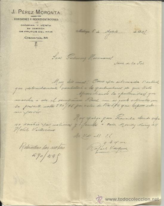 Lettere commerciali: CARTA COMERCIAL DE J. P&Eacute;REZ MORONTA. COMISIONES Y REPRESENTACIONES. M&Aacute;LAGA. 1925