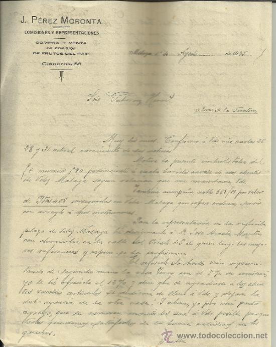 Lettere commerciali: CARTA COMERCIAL DE J. P&Eacute;REZ MORONTA. COMISIONES Y REPRESENTACIONES. M&Aacute;LAGA. 1925