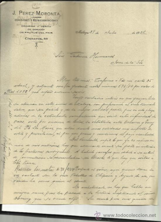 Lettere commerciali: CARTA COMERCIAL DE J. P&Eacute;REZ MORONTA. COMISIONES Y REPRESENTACIONES. M&Aacute;LAGA. 1925