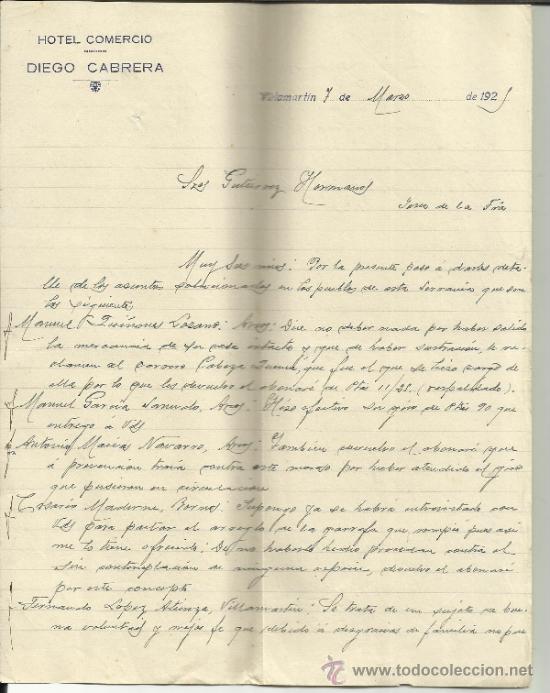 Lettere commerciali: CARTA COMERCIAL DE DIEGO CABRERA. HOTEL COMERCIO. VILLAMART&Iacute;N. C&Aacute;DIZ. 1925 ( 2 HOJAS)