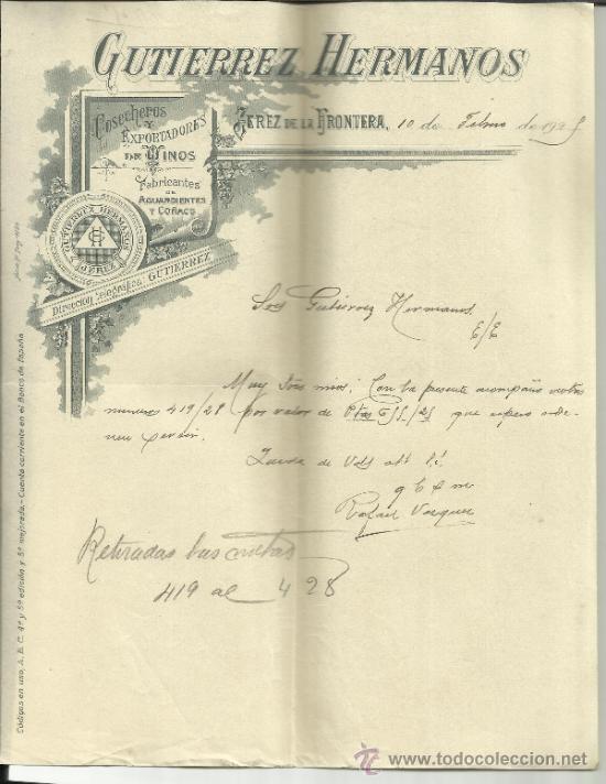 Lettere commerciali: CARTA COMERCIAL DE GUTIERREZ HERMANOS. COSECHEROS Y EXPORTADORES DE VINOS. JEREZ. C&Aacute;DIZ. 1925