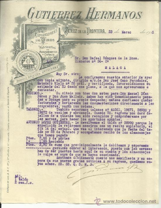 Lettere commerciali: CARTA COMERCIAL DE GUTIERREZ HERMANOS. COSECHEROS Y EXPORTADORES DE VINOS. JEREZ. C&Aacute;DIZ. 1925