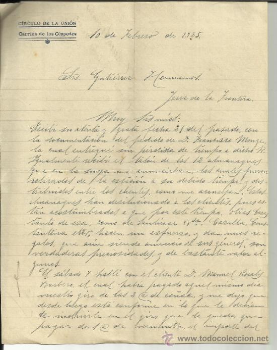 Lettere commerciali: CARTA COMERCIAL DE A. RUIZ MORALES. C&Iacute;RCULO DE LA UNI&Oacute;N. CARRI&Oacute;N DE LOS C&Eacute;SPEDES. SEVILLA. 1925