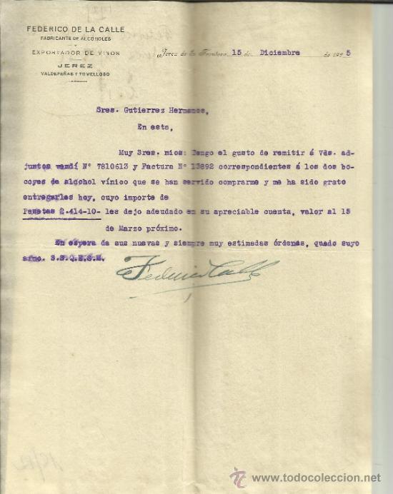 Lettere commerciali: CARTA COMERCIAL DE FEDERICO DE LA CALLE. FABRICANTE DE ALCOHOLES. JEREZ DE LA FRONTERA. C&Aacute;DIZ. 1925
