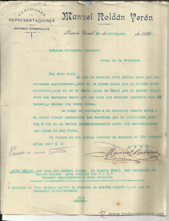 Lettere commerciali: CARTA COMERCIAL DE MANUEL ROLD&Aacute;N VER&Oacute;N. COMISIONES Y REPRESENTACIONES. PUENTE GENIL. C&Oacute;RDOBA. 1925