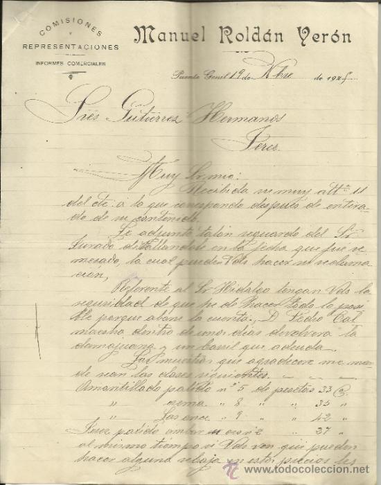 Lettere commerciali: CARTA COMERCIAL DE MANUEL ROLD&Aacute;N VER&Oacute;N. COMISIONES Y REPRESENTACIONES. PUENTE GENIL. C&Oacute;RDOBA. 1925