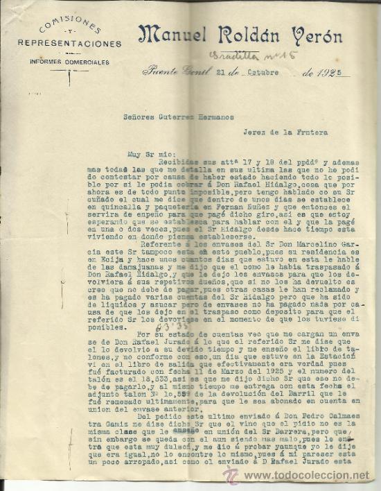 Lettere commerciali: CARTA COMERCIAL DE MANUEL ROLD&Aacute;N VER&Oacute;N. COMISIONES Y REPRESENTACIONES. PUENTE GENIL. C&Oacute;RDOBA. 1925