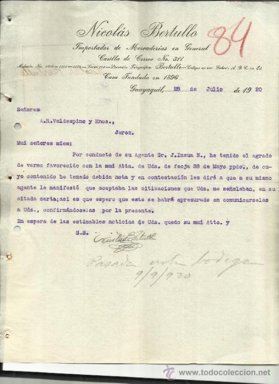 Lettere commerciali: CARTA COMERCIAL DE NICOL&Aacute;S BERTULLO. IMPORTADOR DE MERCADER&Iacute;AS EN GENERAL. GUAYAQUIL. ECUADOR. 1920