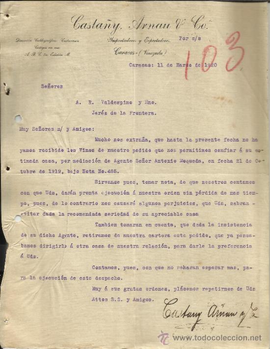 Lettere commerciali: CARTA COMERCIAL DE CASTA&Ntilde;Y, ARNAU & Co. IMPORTADORES Y EXPORTADORES. CARACAS. VENEZUELA. 1920