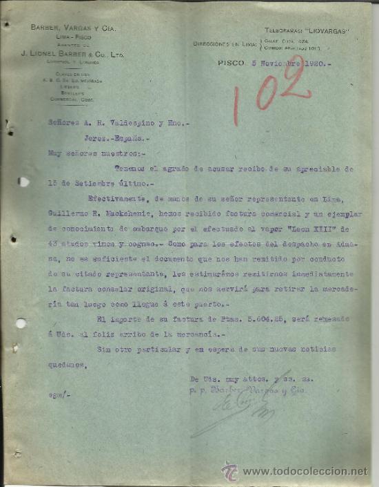 Lettere commerciali: CARTA COMERCIAL DE BARBER, VARGAS Y CIA. AGENTES DE J. LIONEL BARBER & Co. PISCO. PER&Uacute;. 1920