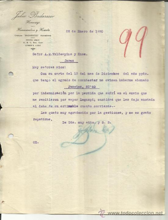 Lettere commerciali: CARTA COMERCIAL DE JULIO BADARACCO. HUANCAYO. PER&Uacute;. 1920
