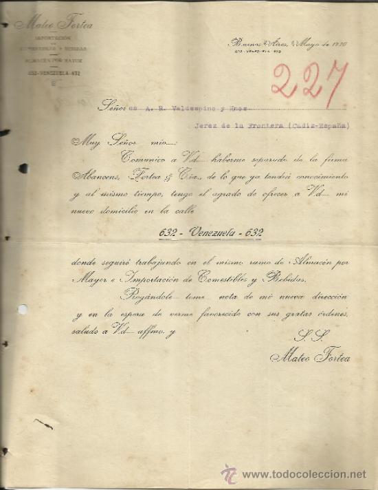Lettere commerciali: CARTA COMERCIAL DE MATEO FORTEA. IMPORTACI&Oacute;N DE COMESTIBLES Y BEBIDAS. BUENOS AIRES. VENEZUELA. 1920